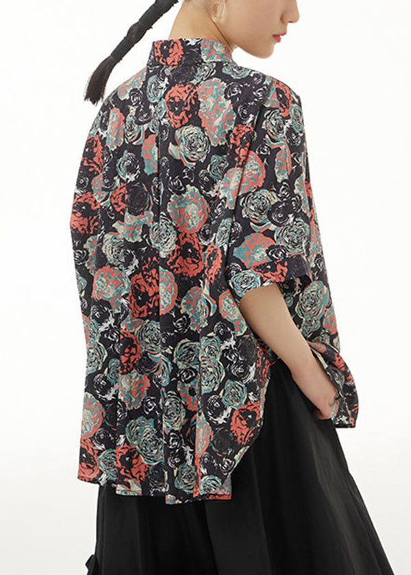Black Peter Pan Collar Print Cotton Shirts Top Summer