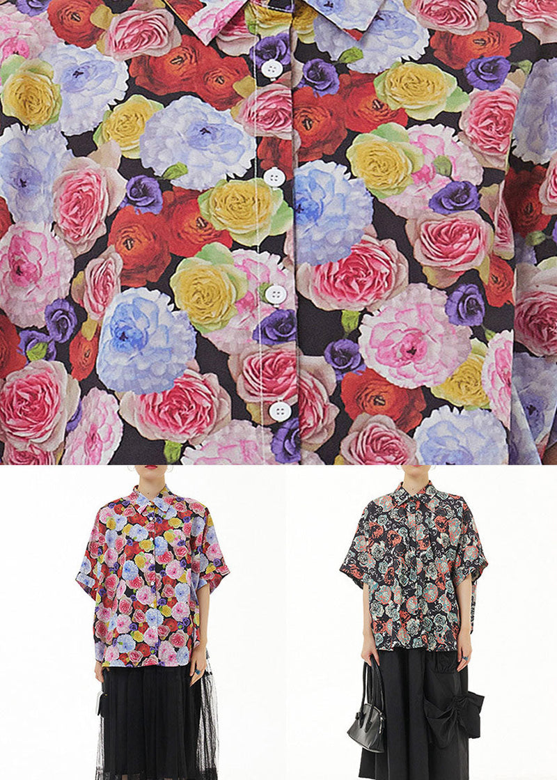 Black Peter Pan Collar Print Cotton Shirts Top Summer