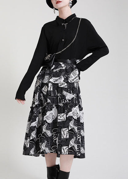 Black Peterpan Collar Patchwork Asymmetrical Design Ruffled Fall Dress Long Sleeve