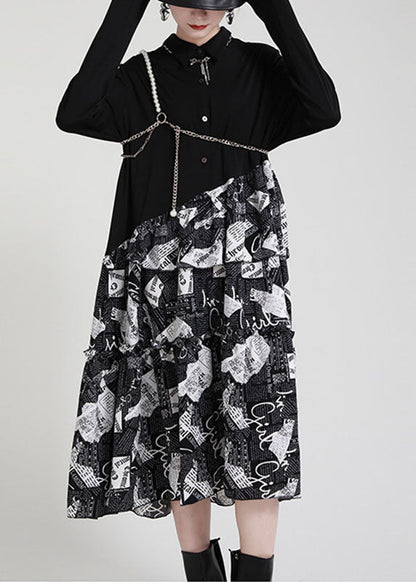 Black Peterpan Collar Patchwork Asymmetrical Design Ruffled Fall Dress Long Sleeve