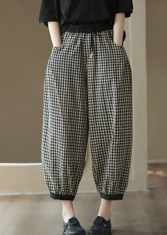 Black Plaid Elastic Waist Harem Pants Summer