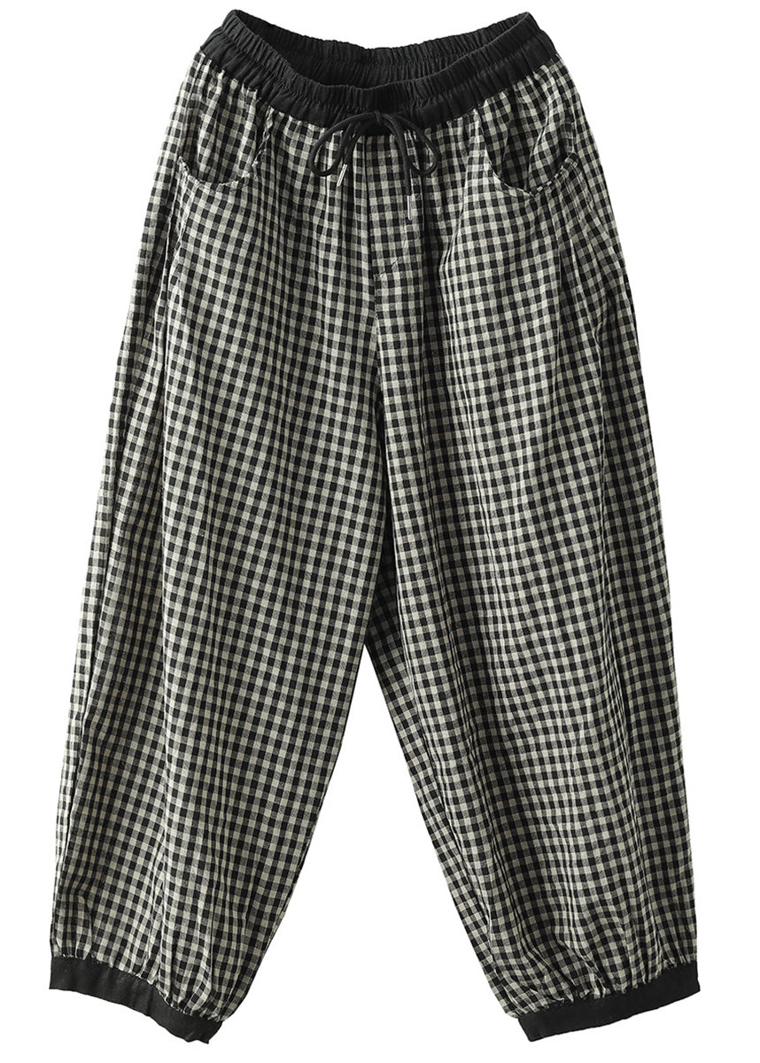 Black Plaid Elastic Waist Harem Pants Summer