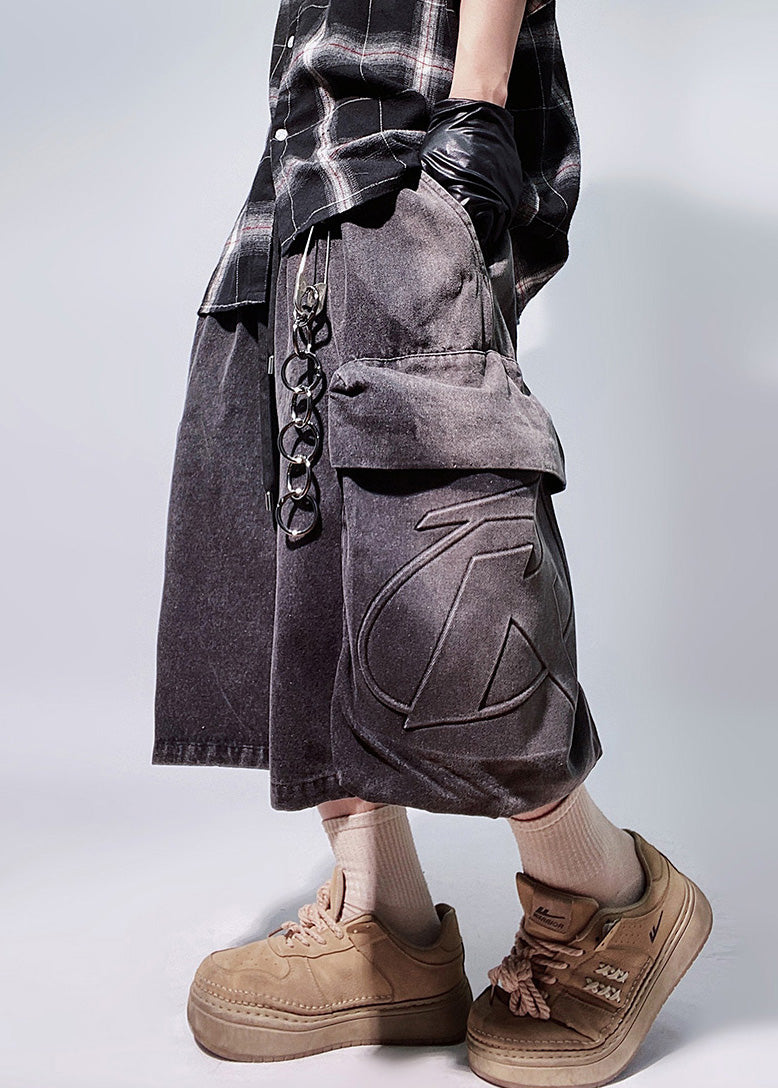 Black Pockets Elastic Waist Oversized Denim Shorts Summer