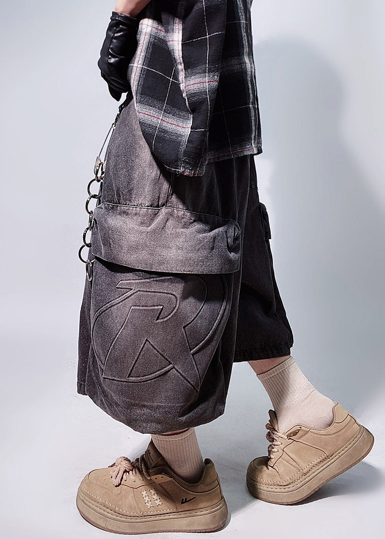 Black Pockets Elastic Waist Oversized Denim Shorts Summer