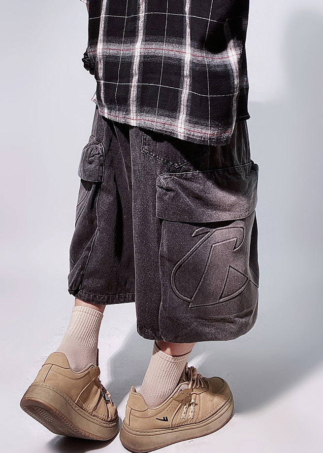 Black Pockets Elastic Waist Oversized Denim Shorts Summer