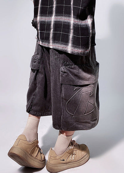 Black Pockets Elastic Waist Oversized Denim Shorts Summer