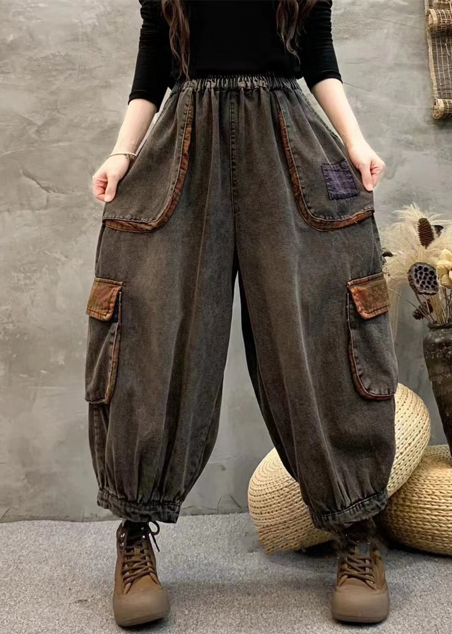 Black Pockets Elastic Waist Patchwork Denim Harem Pants Fall