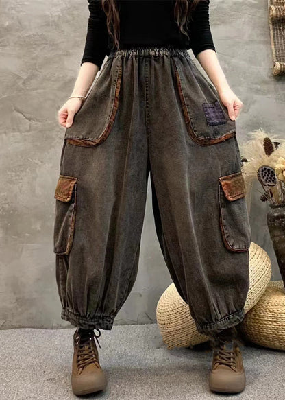 Black Pockets Elastic Waist Patchwork Denim Harem Pants Fall