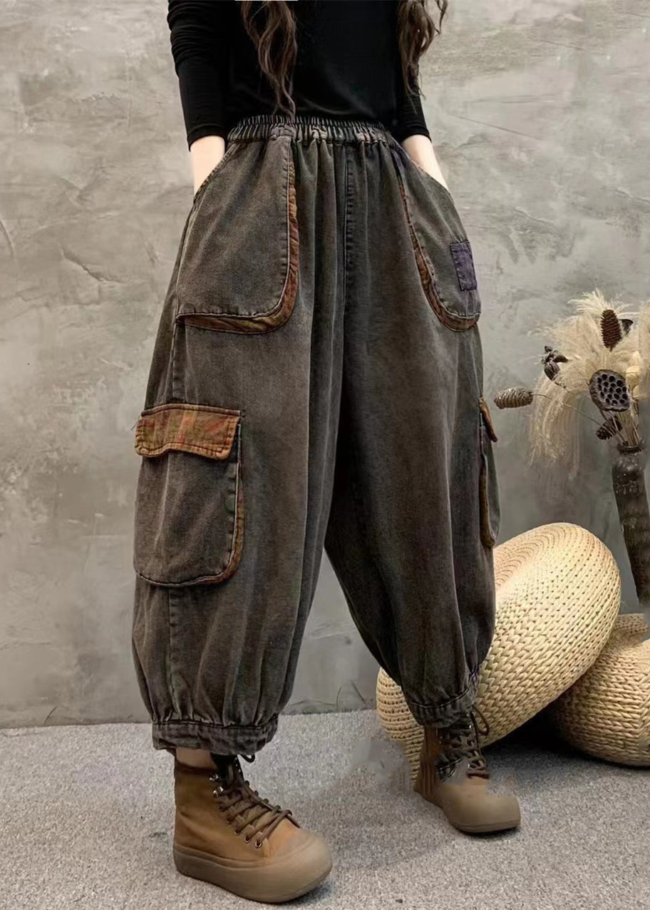 Black Pockets Elastic Waist Patchwork Denim Harem Pants Fall