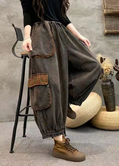 Black Pockets Elastic Waist Patchwork Denim Harem Pants Fall
