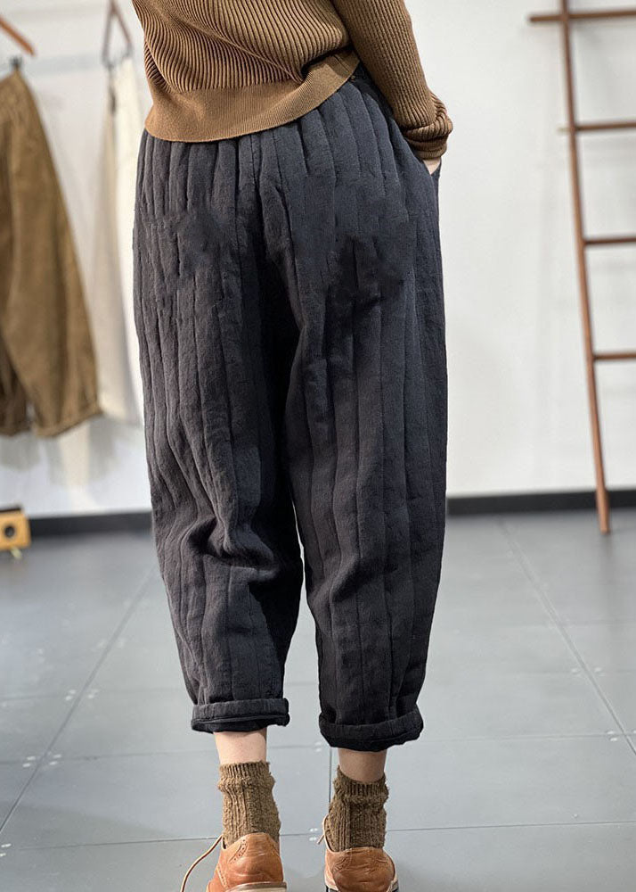 Black Pockets Elastic Waist Thick Warm Harem Pants Winter