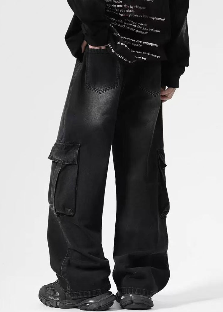 Black Pockets High Waist Denim Pants Spring