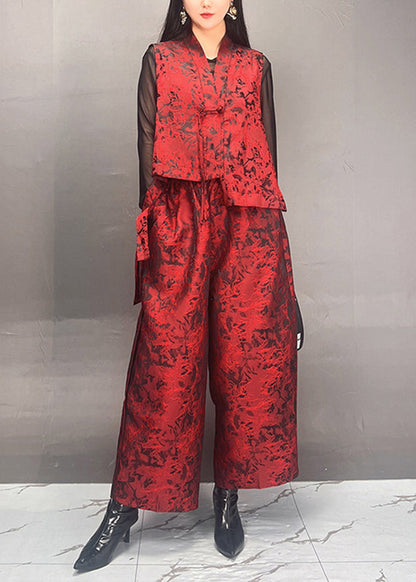 Black Print Asymmetrical Silk Cotton Waistcoat and Wide Leg Pants Two Piece Set Spring