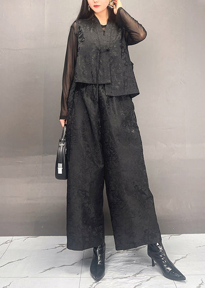Black Print Asymmetrical Silk Cotton Waistcoat and Wide Leg Pants Two Piece Set Spring