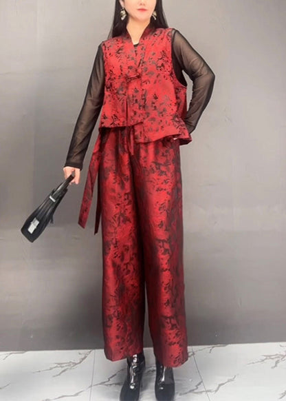 Black Print Asymmetrical Silk Cotton Waistcoat and Wide Leg Pants Two Piece Set Spring