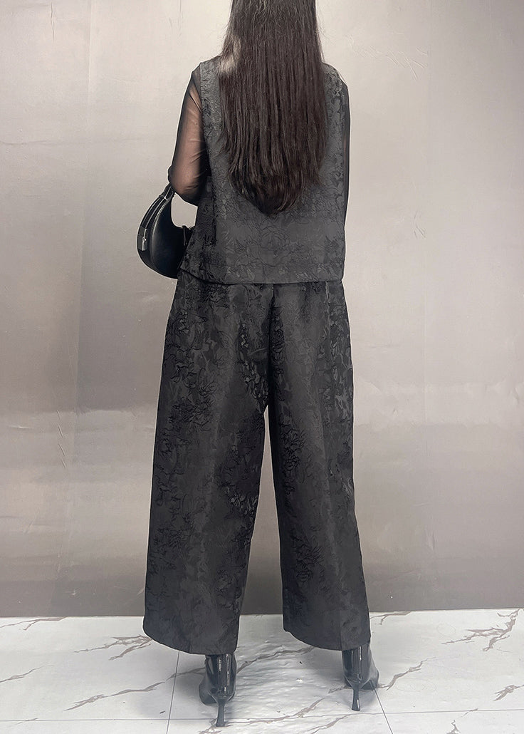 Black Print Asymmetrical Silk Cotton Waistcoat and Wide Leg Pants Two Piece Set Spring