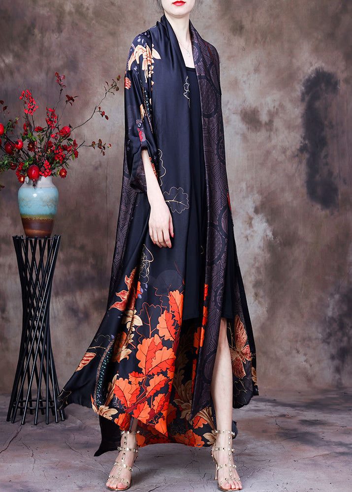 Black Print Bow Collar Side Open Silk Long Cardigan Long Sleeve