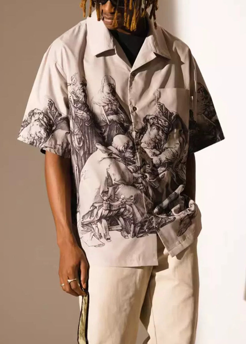 Black Print Button Cotton Shirts Summer