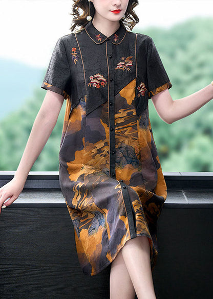 Black Print Button Patchwork Silk Mid Dress Summer