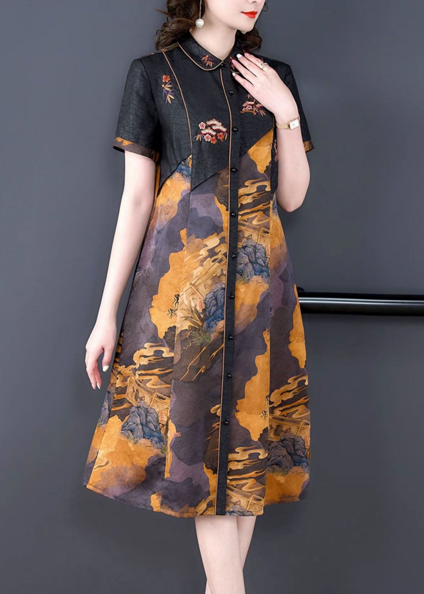 Black Print Button Patchwork Silk Mid Dress Summer