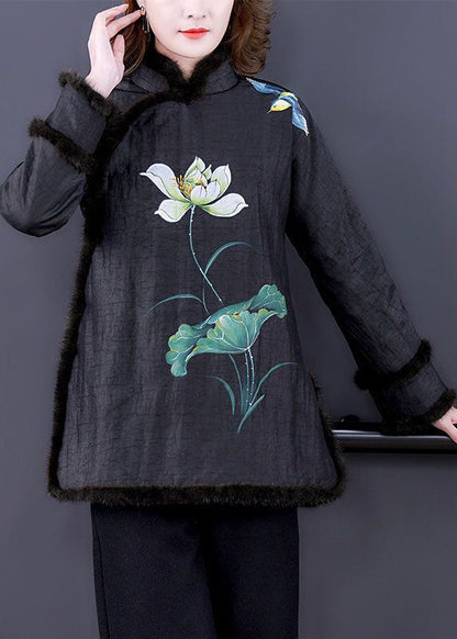 Black Print Fur Collar Fine Cotton Filled Warm Coats Winter