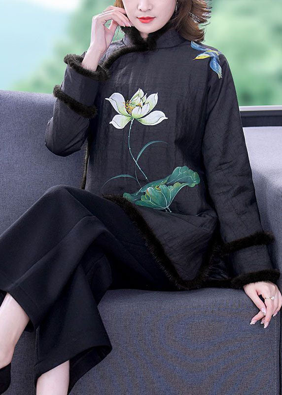 Black Print Fur Collar Fine Cotton Filled Warm Coats Winter