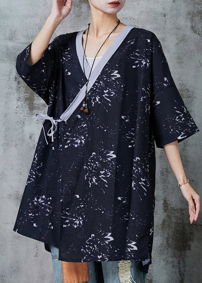 Black Print Lace Up Linen Blouses Summer