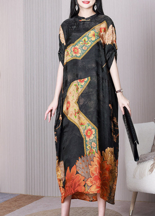 Black Print Patchwork Chinese Button Silk Long Dress Half Sleeve