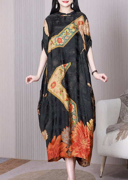 Black Print Patchwork Chinese Button Silk Long Dress Half Sleeve
