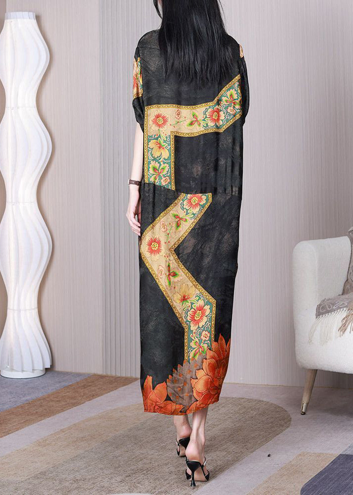 Black Print Patchwork Chinese Button Silk Long Dress Half Sleeve