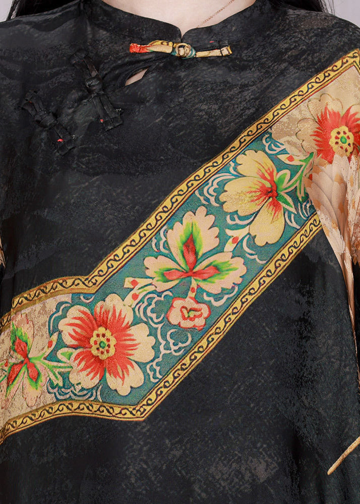 Black Print Patchwork Chinese Button Silk Long Dress Half Sleeve