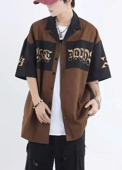 Black Print Patchwork Cotton Shirts Half Sleeve