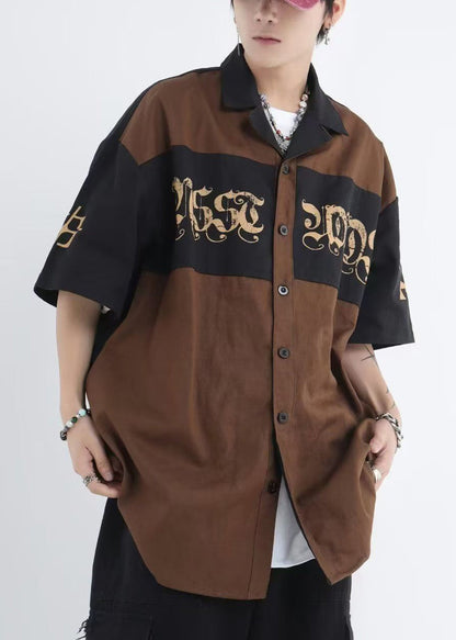 Black Print Patchwork Cotton Shirts Half Sleeve