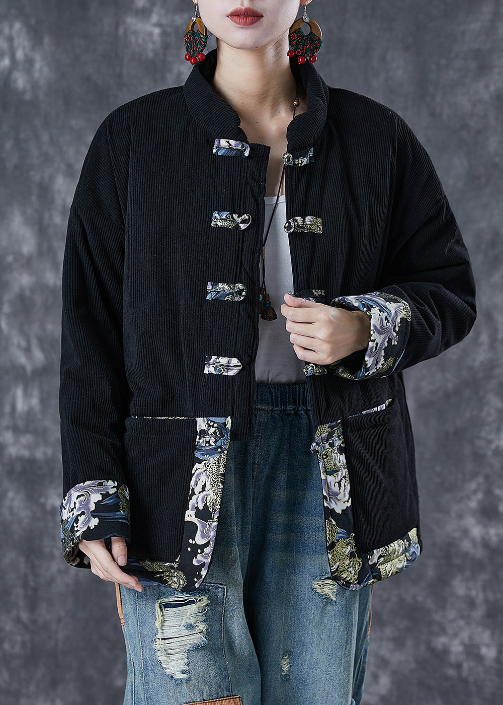 Black Print Patchwork Fine Cotton Filled Parker Winter Warm