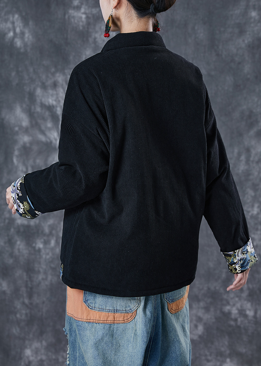 Black Print Patchwork Fine Cotton Filled Parker Winter Warm