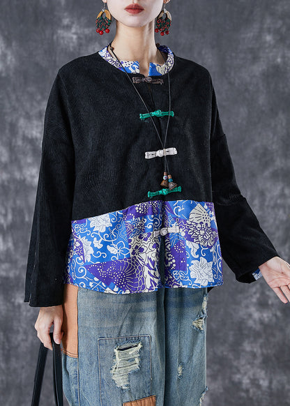 Black Print Patchwork Print Corduroy Coats Fall