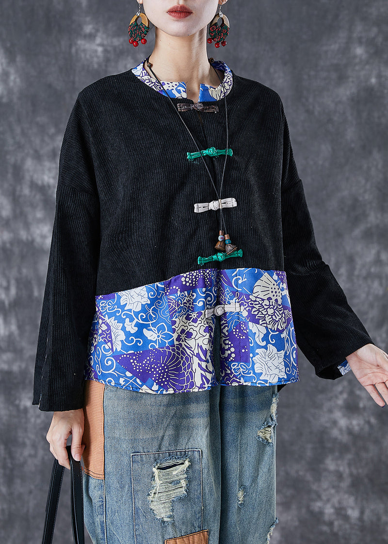 Black Print Patchwork Print Corduroy Coats Fall