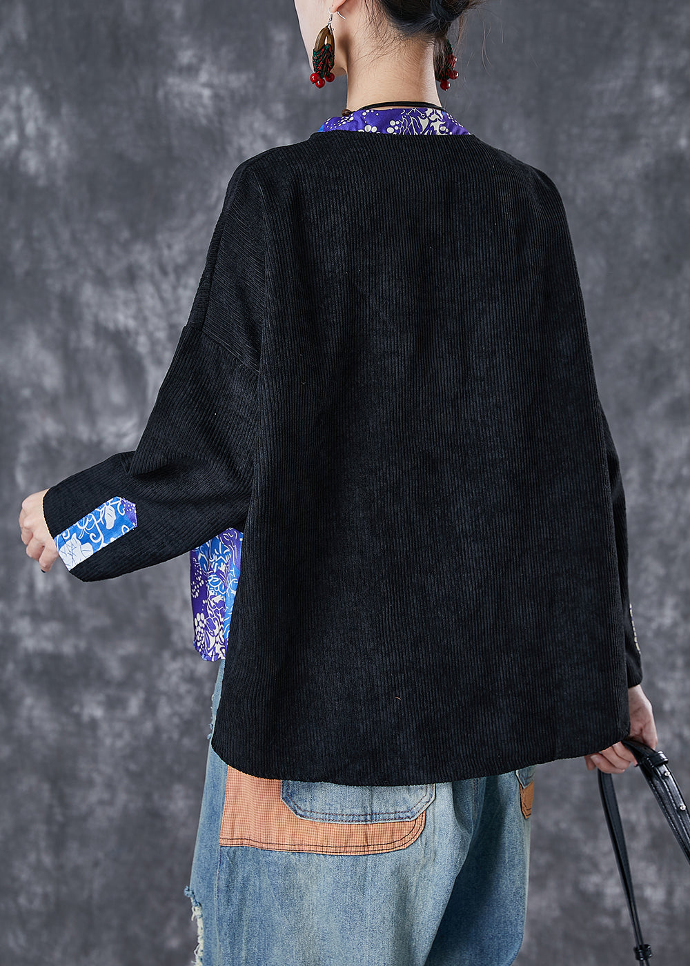 Black Print Patchwork Print Corduroy Coats Fall