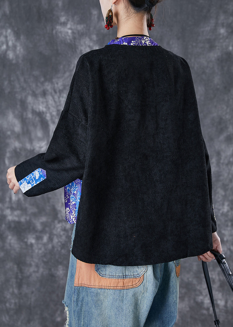Black Print Patchwork Print Corduroy Coats Fall