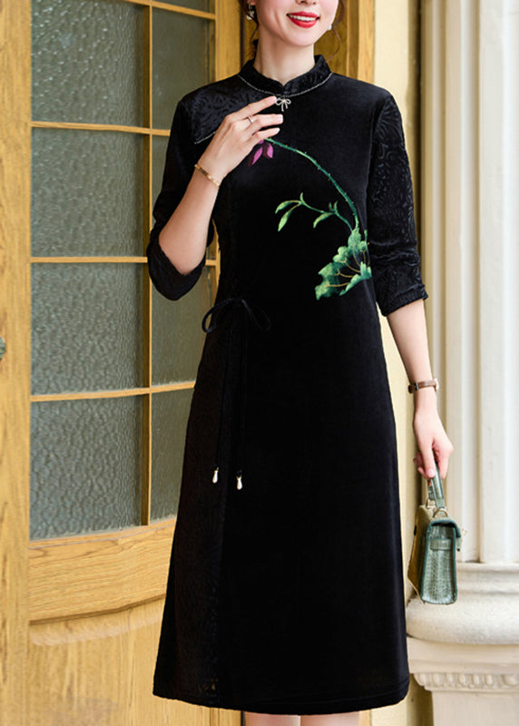 Black Print Tie Waist Silk Velour Vacation Long Dresses Long Sleeve