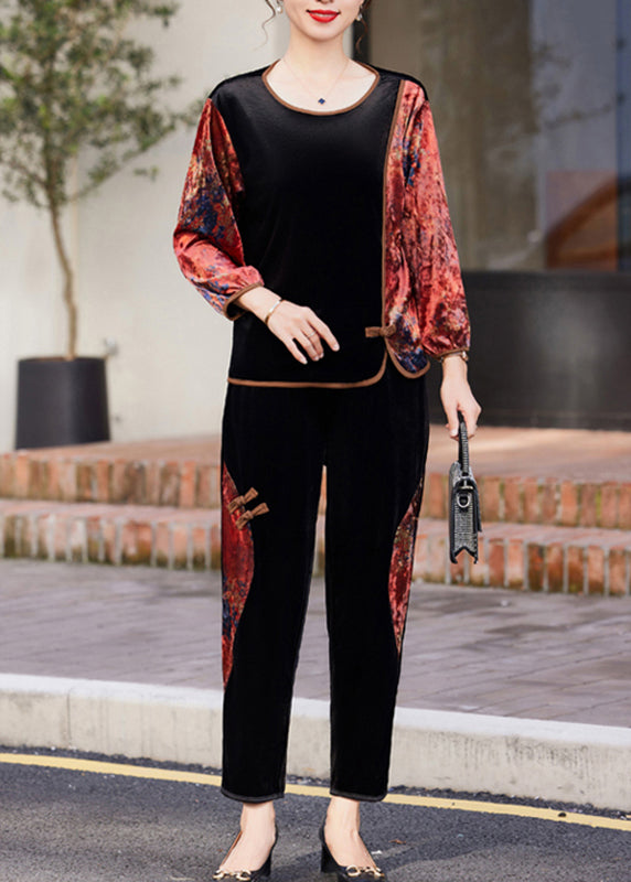 Black Red O-neck Print Patchwork Silk Velour Top and Crop Pants Two Pieces Set Fall