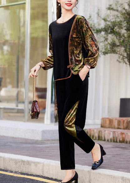Black Red O-neck Print Patchwork Silk Velour Top and Crop Pants Two Pieces Set Fall
