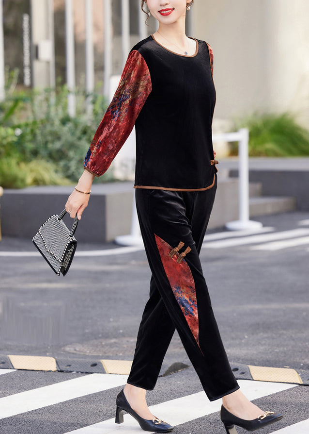 Black Red O-neck Print Patchwork Silk Velour Top and Crop Pants Two Pieces Set Fall
