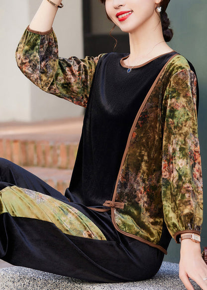 Black Red O-neck Print Patchwork Silk Velour Top and Crop Pants Two Pieces Set Fall