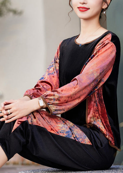 Black Red O-neck Print Patchwork Silk Velour Top and Crop Pants Two Pieces Set Fall