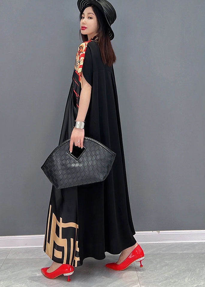 Black Red V Neck Bow Print Satin Long Dresses Short Sleeve