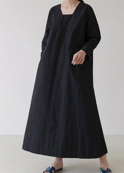 Black Square Collar Cozy Linen Maxi Dress Long Sleeve