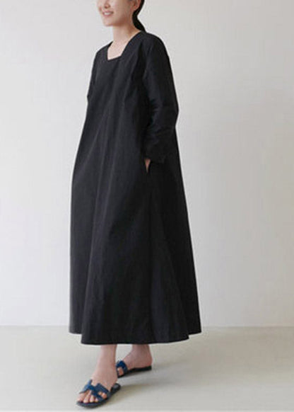 Black Square Collar Cozy Linen Maxi Dress Long Sleeve
