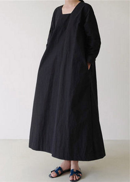 Black Square Collar Cozy Linen Maxi Dress Long Sleeve
