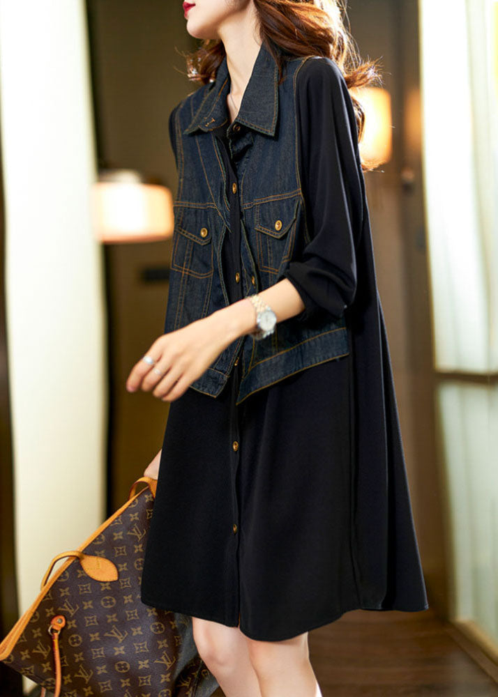 Black Square Collar Denim Patchwork Fake Two Pieces Mid Dress Long Sleeve